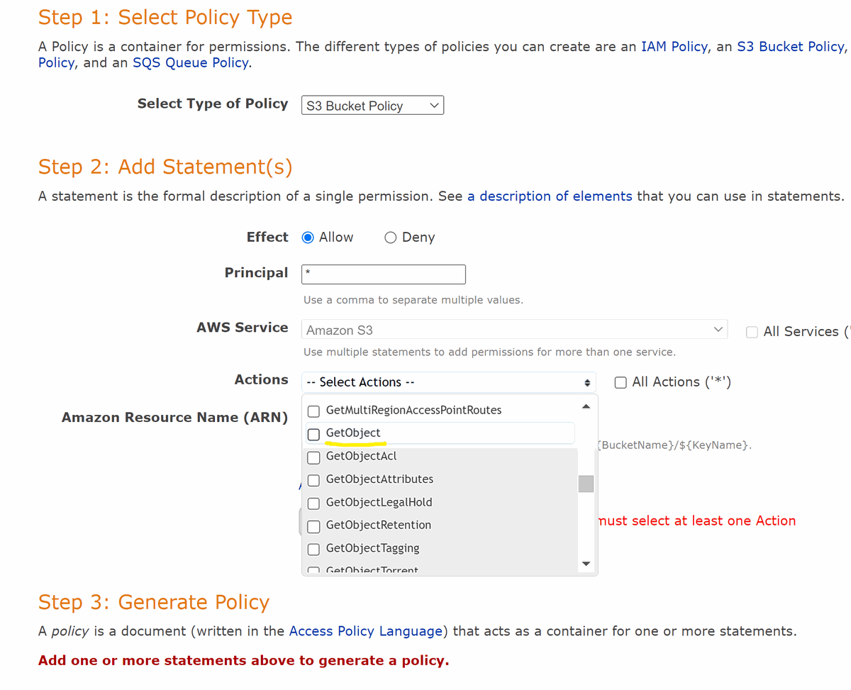 picture of the AWS Policy generator webpage